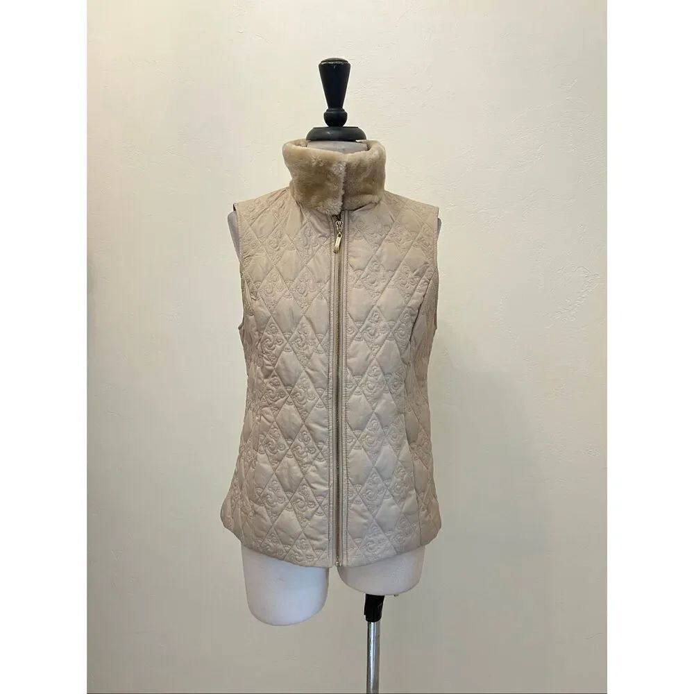 Ellen Tracy Women's Faux Fur Collar Diamond Quilted Puffer Vest Beige Size Small
